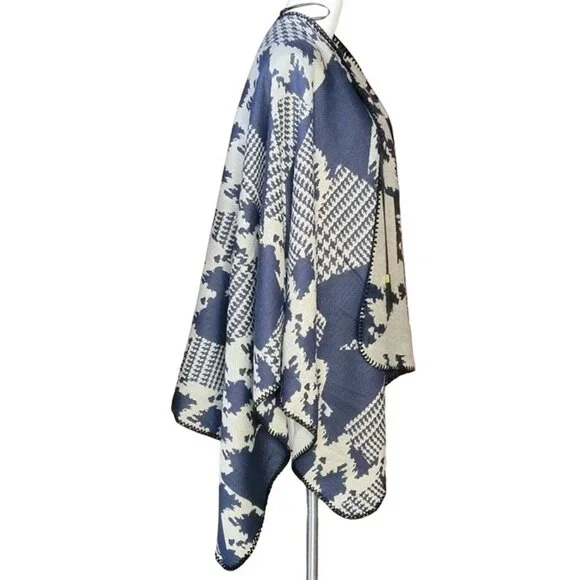 Marc New York Womens Poncho Wrap One Size Blue Beige Houndstooth Open Front - Picture 5 of 8